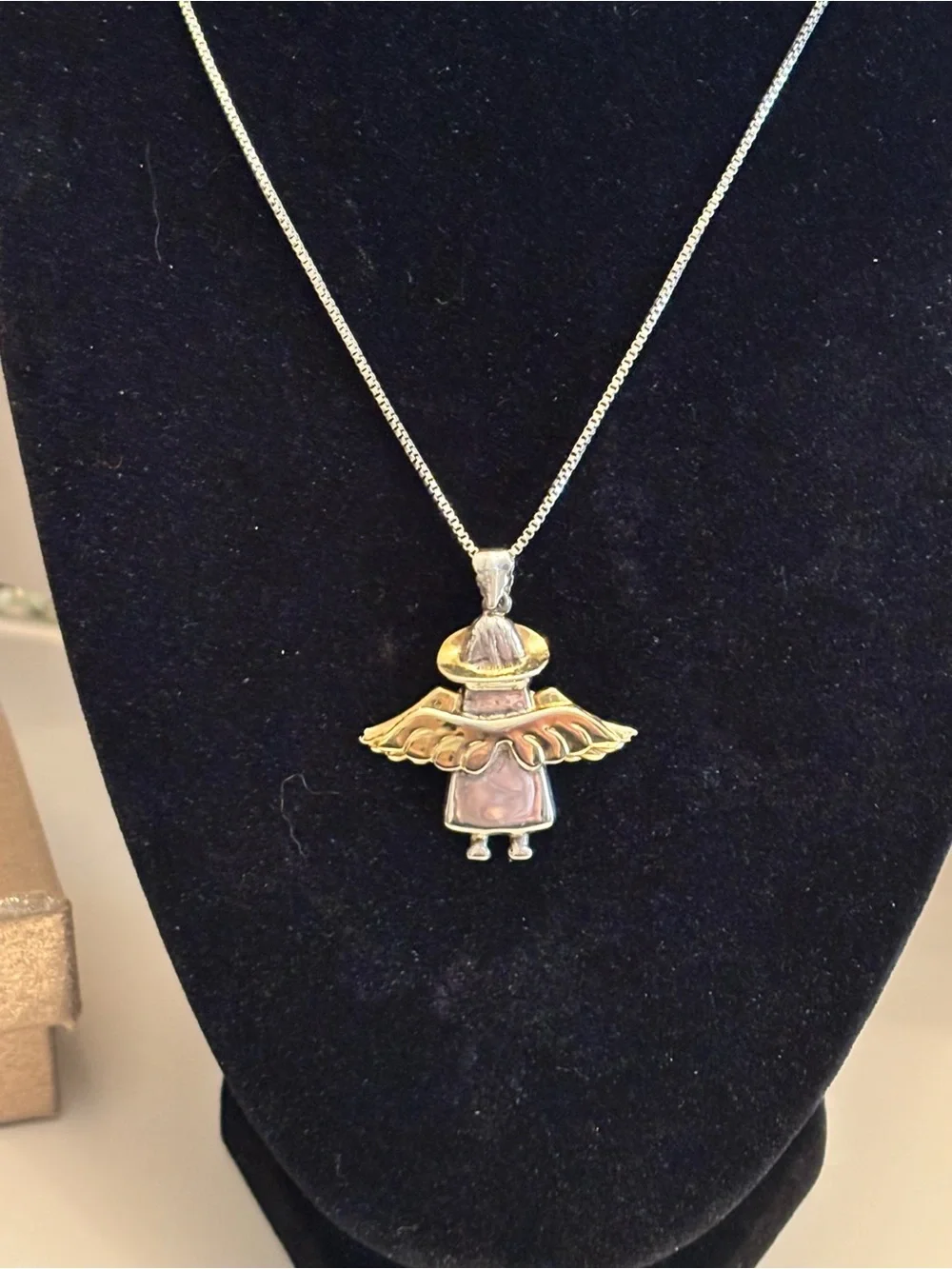 Vintage Sterling Silver Mexican Angel Pendant w/  20”Sterling Silver Box Chain